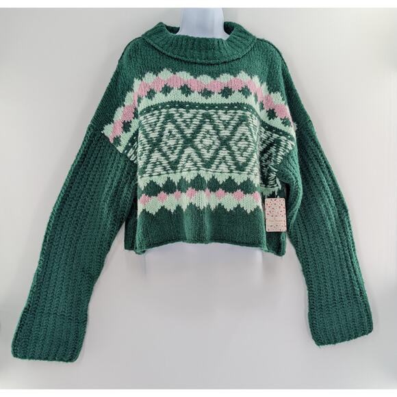 Free People Green Alpine Sweater | Apres Ski | Faire Isle |Holiday Crop |NWT$148 - Picture 3 of 15